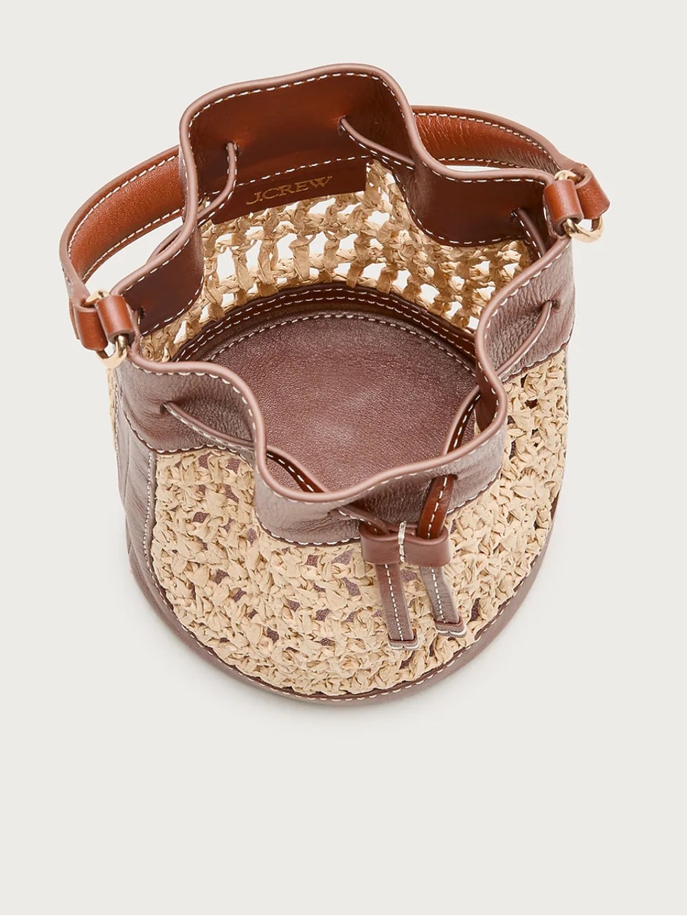 J. Crew Drawstring Brown English Saddle Leather & Straw Mini Bucket Bag #OA3 - Picture 3 of 16